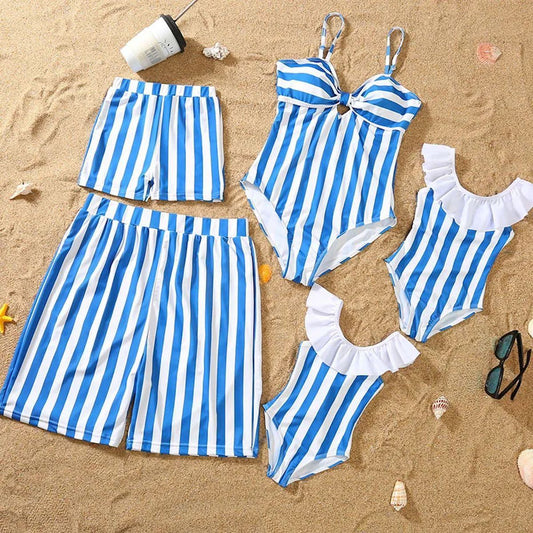 Matching Family Swimsuit Blue Striped One Piece Swimsuit - ChildAngle