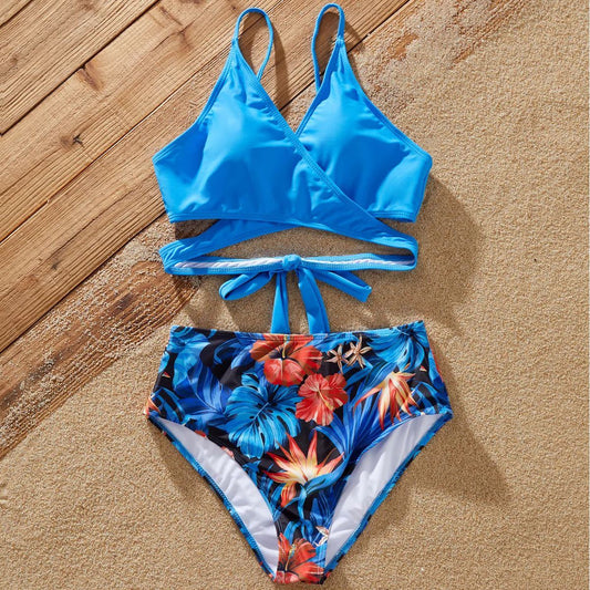 Blue Tropical Flower Print Two Pieces Bikini Cross Back Tie Matching Family Swimsuits Swim Trunks - ChildAngle