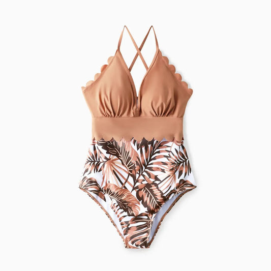 Brown Tropical One Piece Swimwear with Scallop Top Swimwear and Drawstring Tropical Matching Swim Trunks - ChildAngle