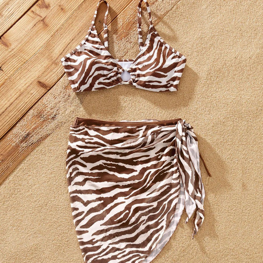 Brown Zebra Animal Print Bikini Set with Cover up Skirt and Drawstring Swim Trunks - ChildAngle