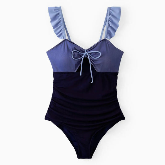 Colorblock High Waisted Ruffle Sleeve One Piece Swimsuits and Colorblock Drawstring Swim Trunks - ChildAngle