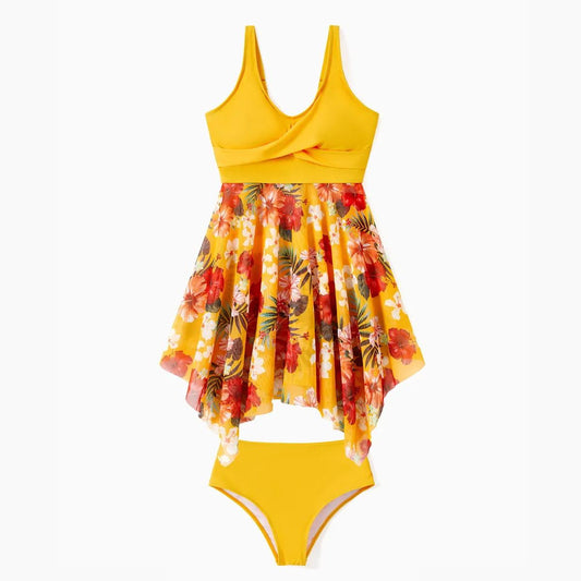 Floral Bathing Suits for Beach Two Pieces Matching Swimsuits and Tropical Flower Print Drawstring Swim Trunks - ChildAngle