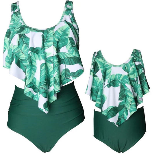 Mommy and Me Matching Swimsuit Tropical Plants Flounced Mother Me Bathing Suits - ChildAngle