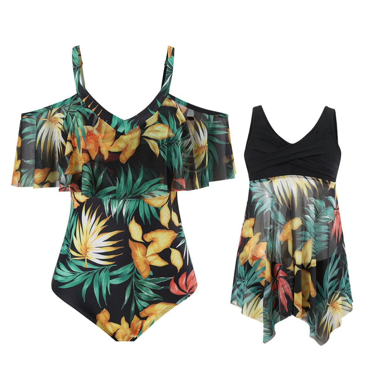 Tropical floral swimsuit set with top and skirt Palm Leaves One Piece Swimsuits - ChildAngle