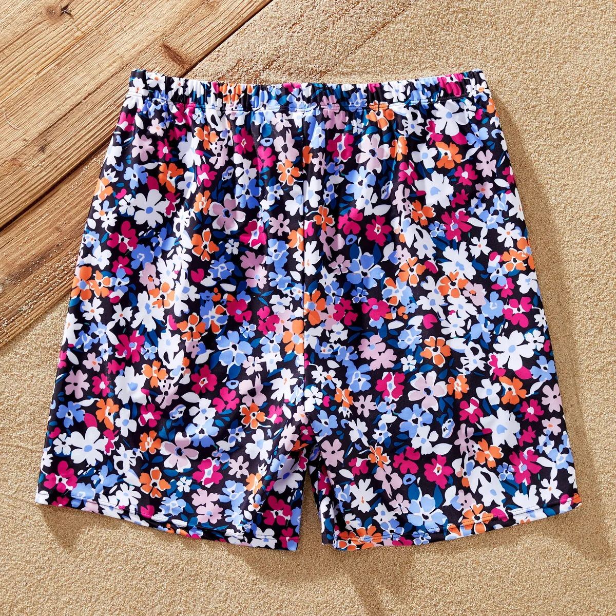 Floral Ruffle High Waisted One Piece Swimsuits and Floral Drawstring Swim Trunks - ChildAngle