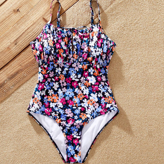 Floral Ruffle High Waisted One Piece Swimsuits and Floral Drawstring Swim Trunks - ChildAngle