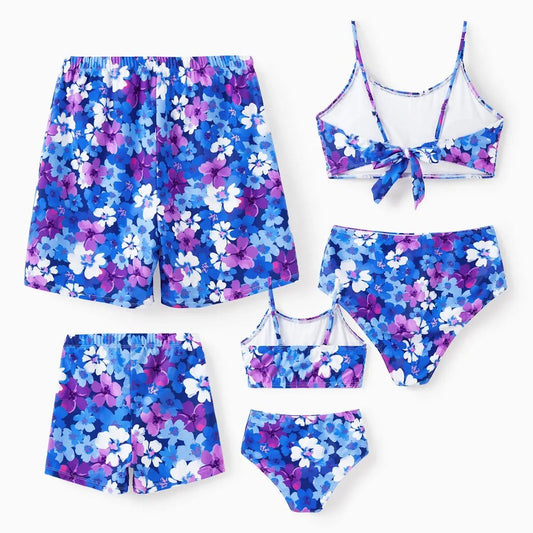Floral Smocking Back Tie Spaghetti Strap Two Pieces Matching Swimsuits and Drawstring Swim Trunks - ChildAngle
