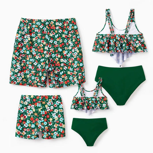 Matching Family Swimsuits Floral Tropical Flower Two Pieces Swimsuits Drawstring Swim Trunks - ChildAngle