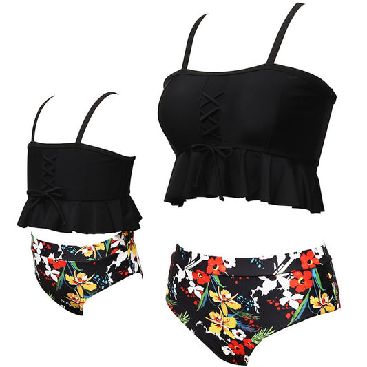 Black Tropical Floral Bikini Set Ruffle Hem - ChildAngle