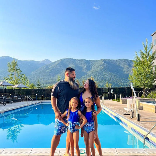 Family Matching Swimsuit Blue Ruffle Trim Spliced One-piece Swimsuit Plant Print Swim Trunks - ChildAngle