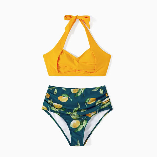 Lemon Print Two Pieces Bikini Halter Neck Matching Family Swimsuits Swim Trunks - ChildAngle