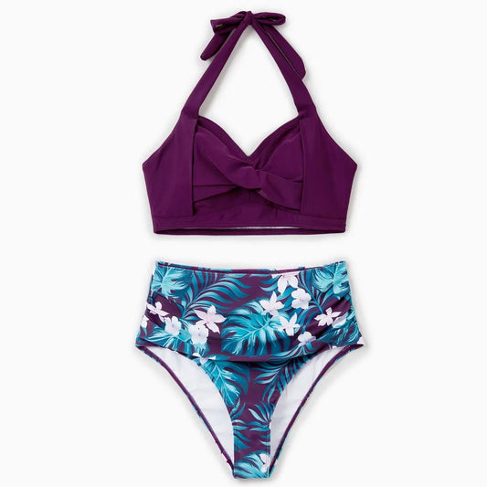 Matching Halter Neck Bikini Ruffle Strap Swimwear Tropical Drawstring Matching Swim Trunks - ChildAngle