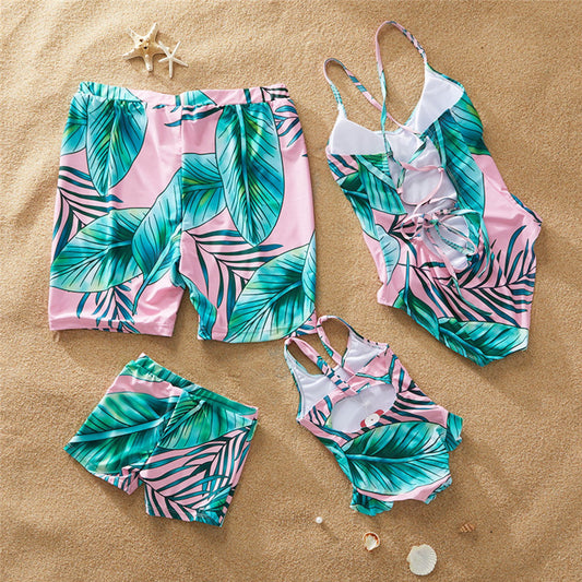 Matching Family Swimsuit Pink Green Palm Tree One Piece Swimsuit - ChildAngle