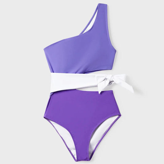 Purple One Shoulder One Piece Side Tie Swimwear Matching Drawstring Colorblock Swim Trunks - ChildAngle