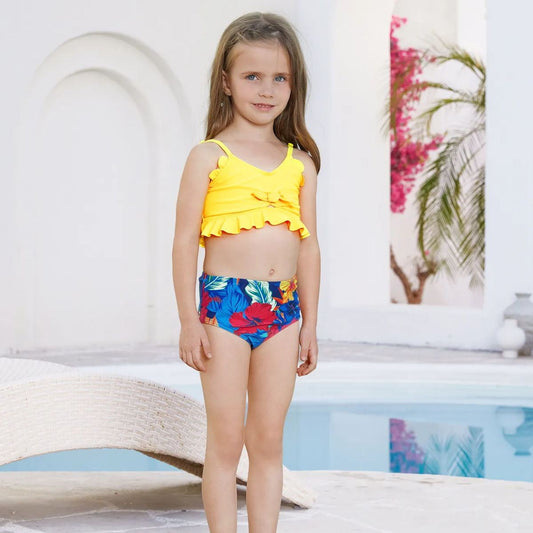 Matching Family Swimsuits Scallop Trim Front Cutout Two Pieces Floral Bikini Set and Swim Trunks Shorts - ChildAngle