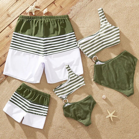 Matching Family Swimsuits Striped One Shoulder One Pieces Swimsuits Colorblock Swim Trunks - ChildAngle