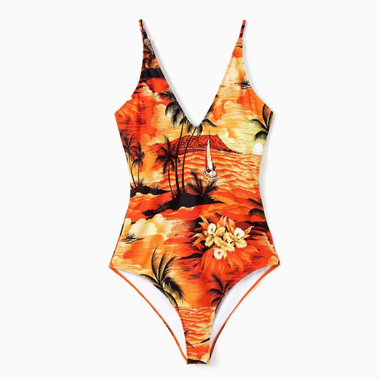 Tropical Coconut Tree Flower Print Hawaiian Matching Swimsuits and Tropical Print Drawstring Swim Trunks - ChildAngle