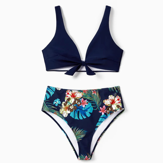 Matching Family Swimsuits Tropical Floral Palm Leaves High Waisted Two Piece Swimsuits Tropical Drawstring Swim Trunks - ChildAngle