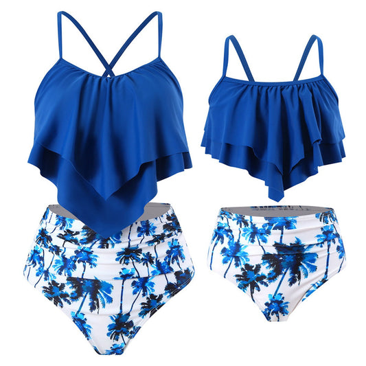 Blue bikini set with floral palm tree design Mommy and Me Bikini Set - ChildAngle