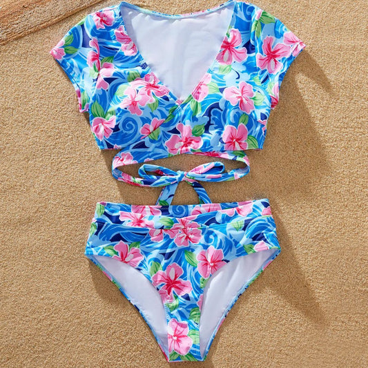 Tropical Flower Print Front Tie High Waisted Matching Swimsuits and Drawstring Swim Trunks - ChildAngle