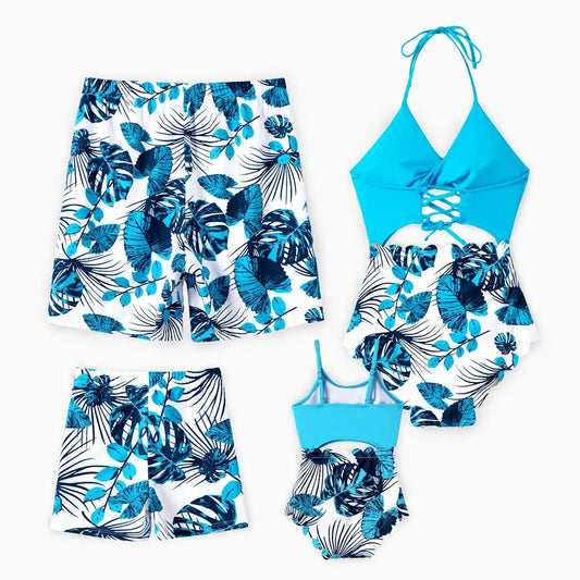 Matching Family Swimsuits Tropical Neck Tie One Piece Swimsuits with Cover Up Or Drawstring Swim Trunks - ChildAngle