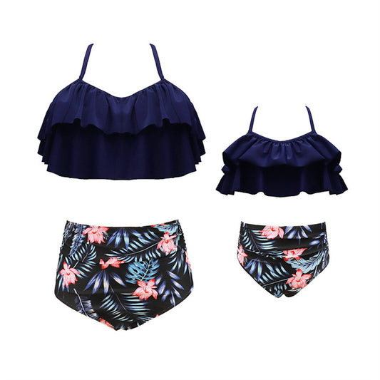 Matching Family Swimsuits Tropical Floral Palm Leaves High Waisted Halter Neck Two Piece Swimwear Set - ChildAngle