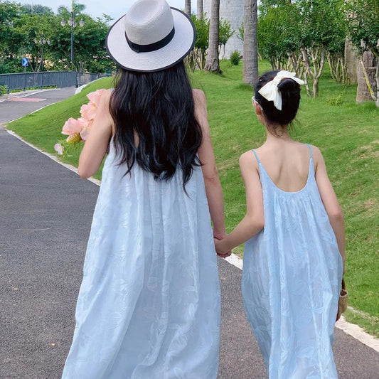 Mommy and Me Blue Embroidered Flower Low Back Slip Dress - ChildAngle