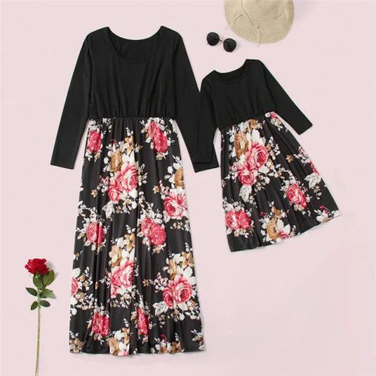 Family Matching Dress Sunflower Black Floral Maxi Dress for Mommy and Me - ChildAngle