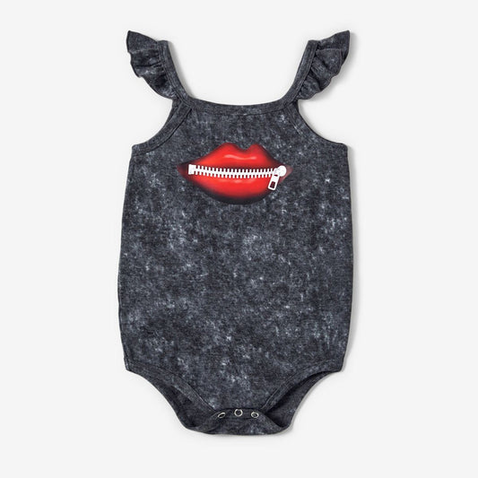 Mommy and Me Dress Grey Lips and Zipper Print Strap Dress Bodycon Dress for Mother and daughter Newborn Ruffle Jumpsuit - ChildAngle