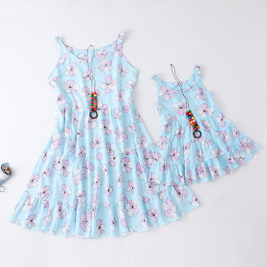 Flower Print Mommy and Me Dresses Sleeveless Ruffle Dresses - ChildAngle
