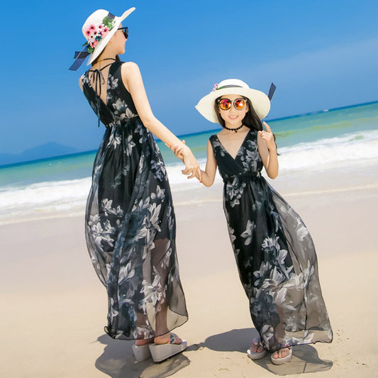 Mommy and Me V Neck Sleeveless Floral Dresses Low Back - ChildAngle