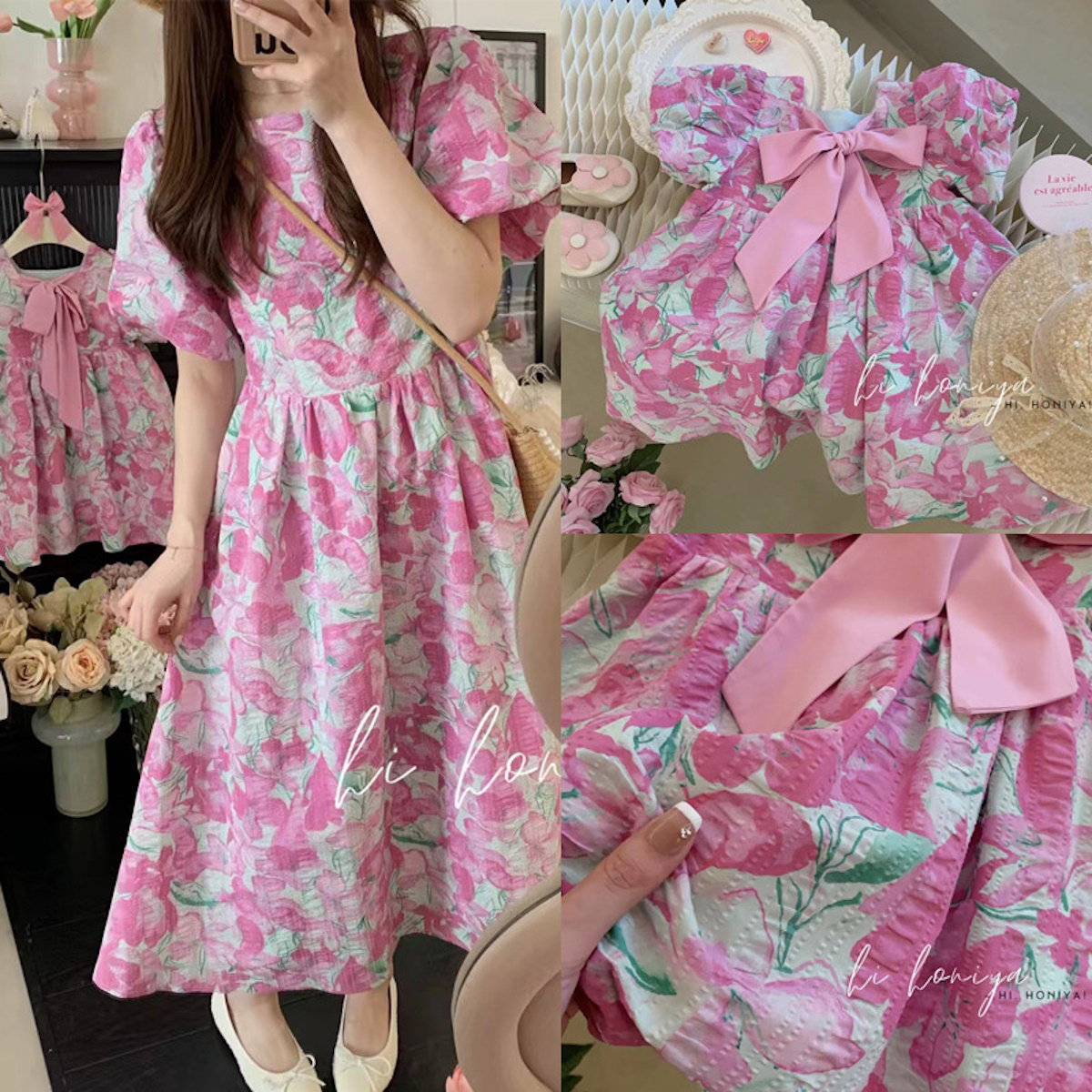 Mommy and Me Matching Dress Flower Print Floral Dress Bowknot Front - ChildAngle