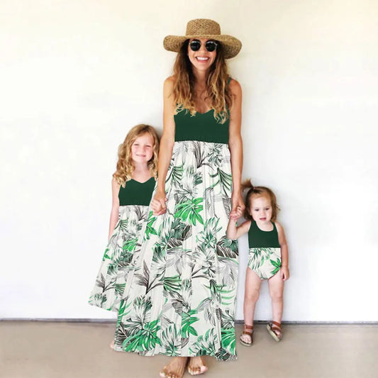 Mommy and Me Dress Green Sleeveless Strap Dress for Mother and Daughter - ChildAngle