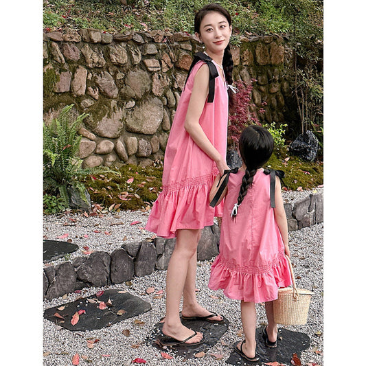 Mommy and Me V Neck Ruffle Hem Sleeveless Shoulder Tie Midi Dress - ChildAngle