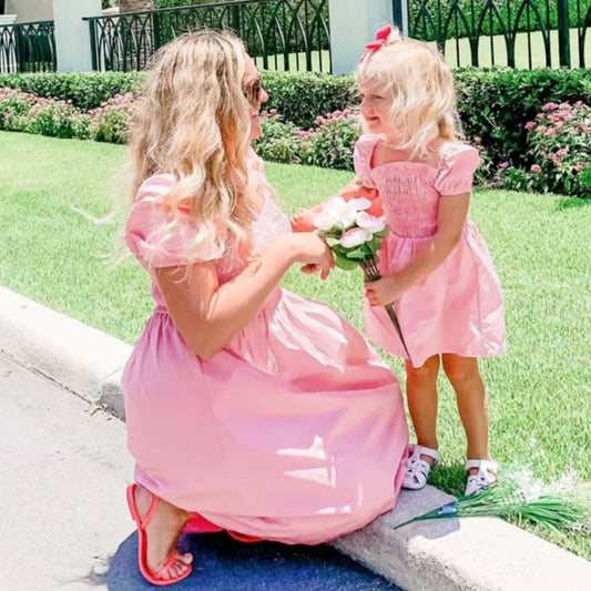 Mommy and Me Matching Dress Puff Sleeve Midi Dress Shirred Chest Ruffle Dress Mother and Daughter Matching Vacation Outfits - ChildAngle