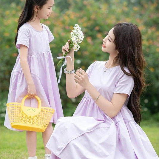 Mommy and Me Matching Dress Short Sleeve Lavender Shirred Top Dress - ChildAngle