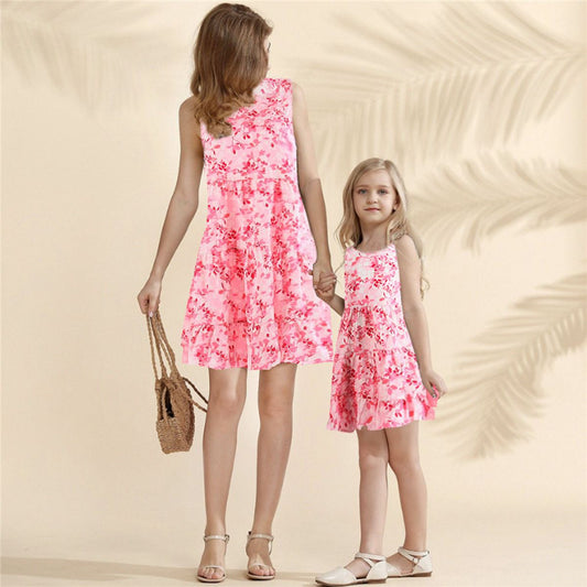 Mommy and Me Matching Dress Sleeveless Pink Floral Dress for Mom and Daughter - ChildAngle