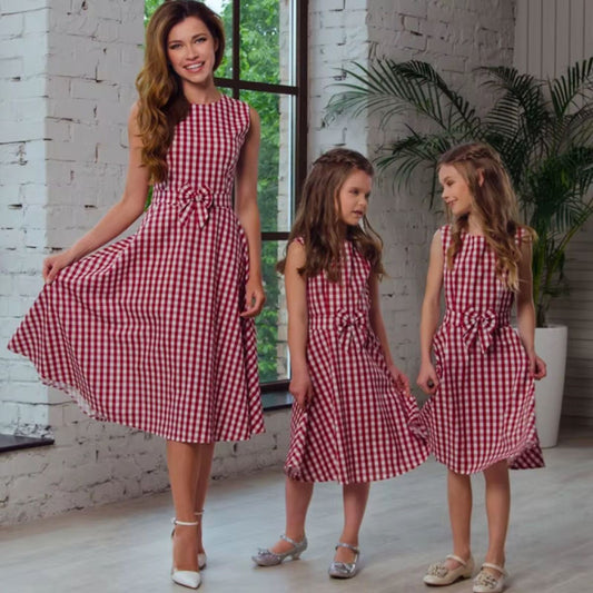 Mom and Daughter Dress Mommy and Me Dresses Plaid Bowknot Sleeveless Dress for Easter - ChildAngle