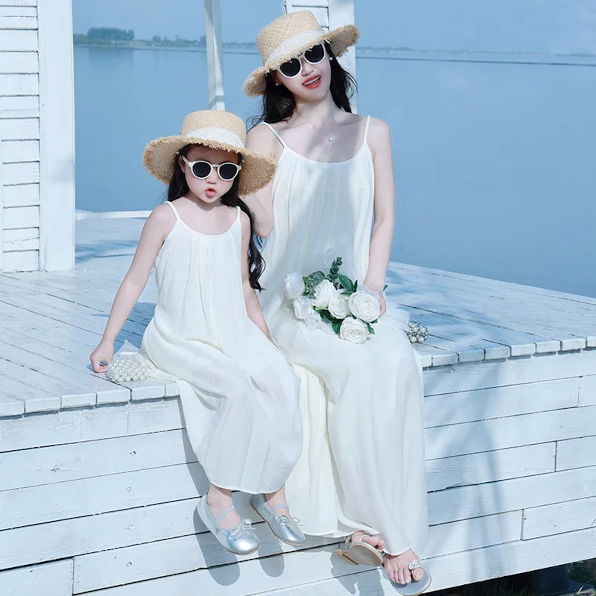 Mommy and Me Matching Dress Spaghetti Strap White Maxi Dress, Maxi Dress / Mom M