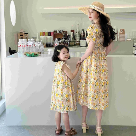 Mommy and Me Matching Dress Flower Print Square Neck Shirred Dress - ChildAngle