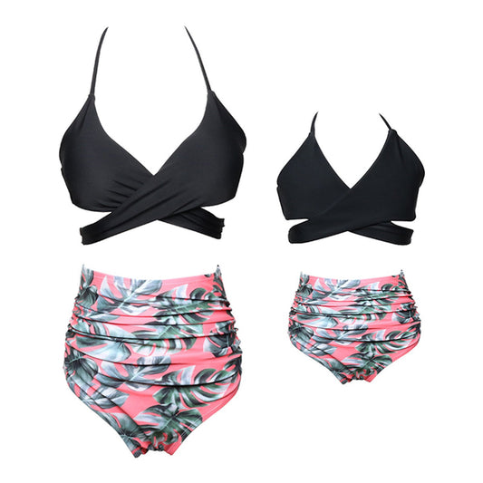 Black bikini top with pink and green leaf-patterned shorts Bikini Set Mommy and Me Matching Swimwear - ChildAngle