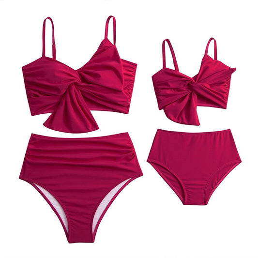 Mommy and Me Matching Swimsuits Front Knot High Waist Bikini Set Swimwear
