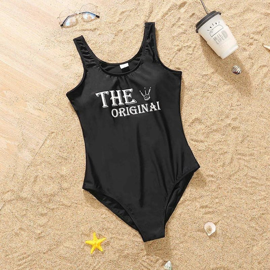 Black swimsuit with 'THE ORIGINAL' text Mommy and Me Matching One Piece Swimwear - ChildAngle