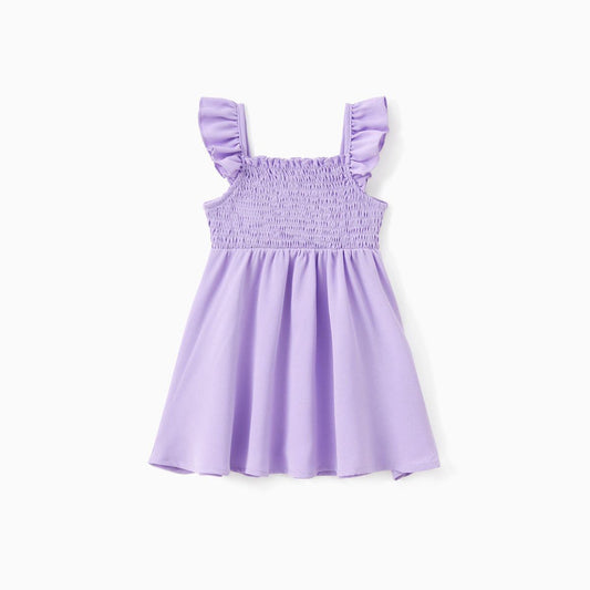 Family Matching Mommy and Me Purple V Neck Ruffle Sleeve Shirred Dress Papa Mini Raglan Top - ChildAngle