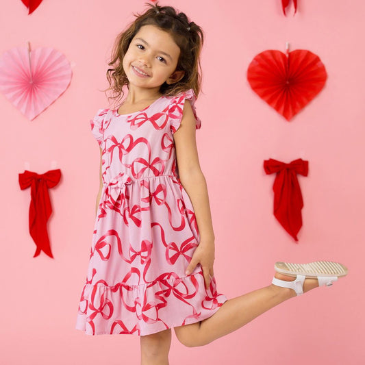 Mommy and Me Red Ribbon Ruffle Sleeve Elastic Waist Dress - ChildAngle