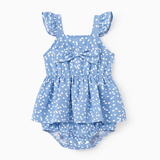 Mommy and Me Dress V Neck Ruffle Wrap Allover Heart Print Spaghetti Strap Dress - ChildAngle