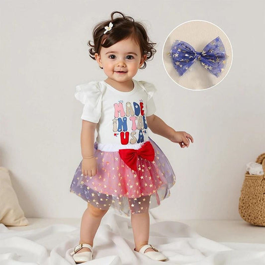 Newborn 4th of July Outfits 3PCS Flutter Sleeve Letter Print USA Baby Romper and Bowknot Tulle Dress with Bowknot Headband - ChildAngle