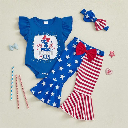 Newborn 4th of July Outfits 3PCS My 1st 4th of July Top and Bowknot Bell Bottom Pants with Bowknot Headband - ChildAngle