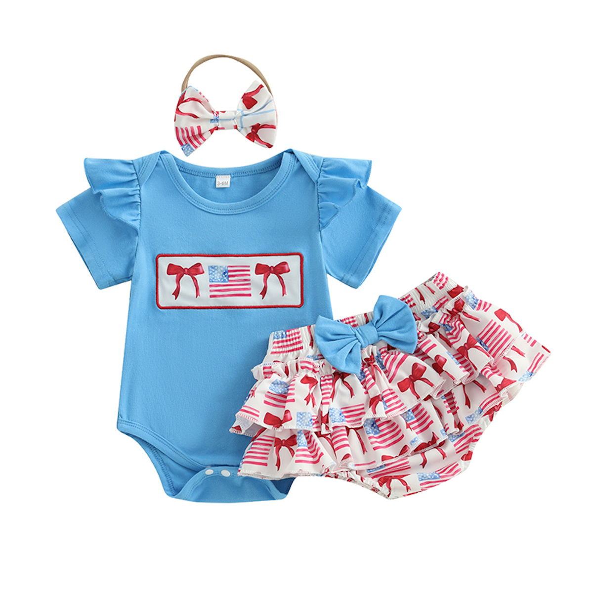 Newborn 4th of July Outfits 3PCS Flutter Sleeve Short Sleeve American Flag Bowknot Baby Romper and Bowknot Tiered Skirt with Bowknot Headband - ChildAngle
