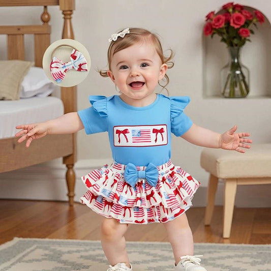 Newborn 4th of July Outfits 3PCS Flutter Sleeve Short Sleeve American Flag Bowknot Baby Romper and Bowknot Tiered Skirt with Bowknot Headband - ChildAngle